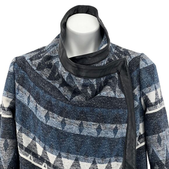 SAM EDELMAN Tribal Blanket Coat Women's S Boho Jacket Fringe Wool Blue Southwest - Picture 3 of 10